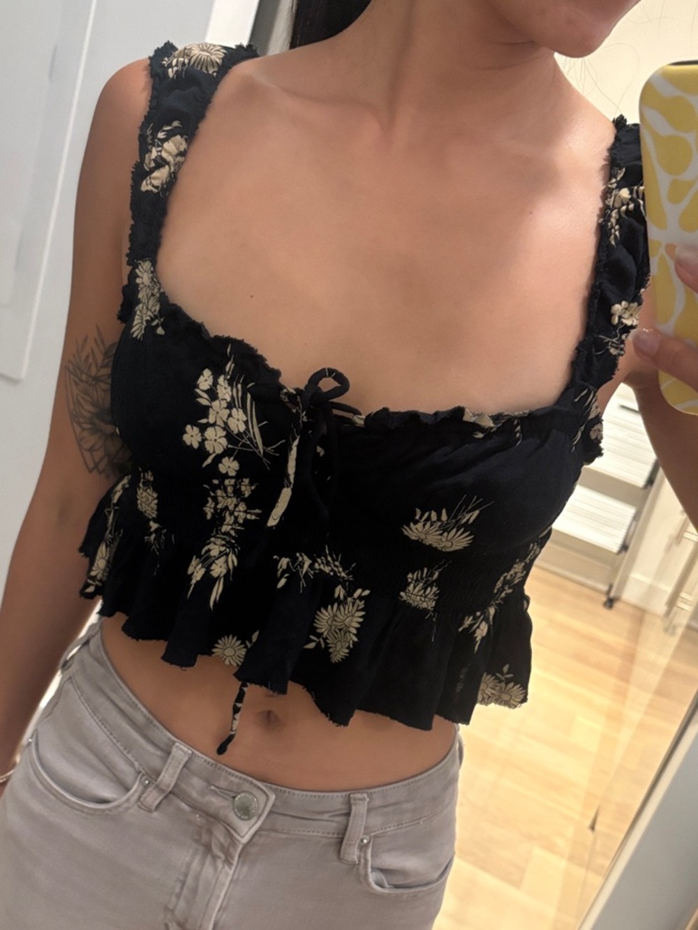 Urban Outfitters Black Floral Tie-Front Crop Top